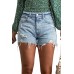 Sky Blue Frayed Slim-fit High Waist Denim Shorts Sky Blue Frayed Slim-fit High Waist Denim Shorts