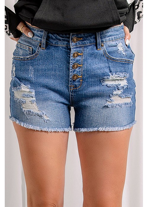 Sky Blue Distressed Frayed Buttons Denim Shorts Sky Blue Distressed Frayed Buttons Denim Shorts