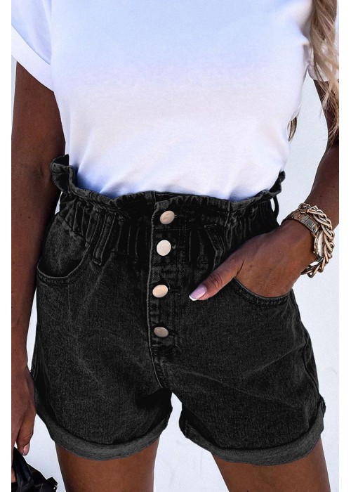 Black Ruffled High Waist Buttoned Denim Shorts Black Ruffled High Waist Buttoned Denim Shorts