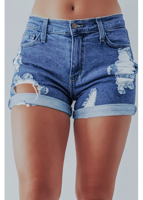 Blue Mid Waist Slim-fit Distressed Denim Shorts Blue Mid Waist Slim-fit Distressed Denim Shorts