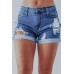 Blue Mid Waist Slim-fit Distressed Denim Shorts Blue Mid Waist Slim-fit Distressed Denim Shorts