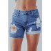 Blue Mid Waist Slim-fit Distressed Denim Shorts Blue Mid Waist Slim-fit Distressed Denim Shorts