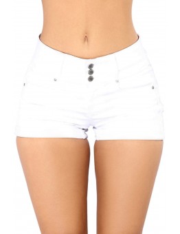 White Mid Rise Triple Button Stretch Denim Shorts