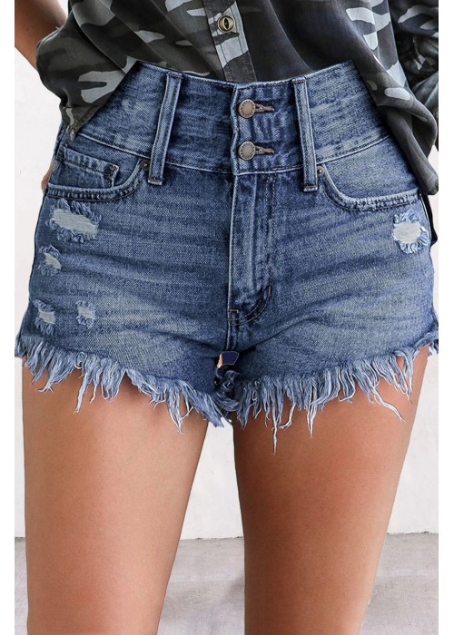 Blue Ripped Tasseled Hem Denim Shorts Blue Ripped Tasseled Hem Denim Shorts