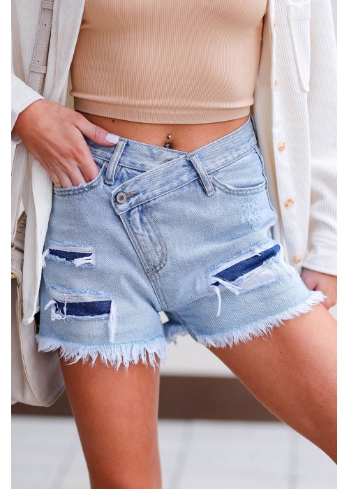 Sky Blue Crossover Ripped Raw Edge Denim Shorts Sky Blue Crossover Ripped Raw Edge Denim Shorts