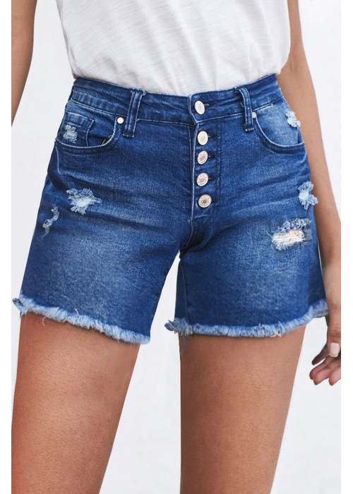 Blue Frayed Hem Single-breasted Ripped Denim Shorts Blue Frayed Hem Single-breasted Ripped Denim Shorts