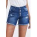 Blue Frayed Hem Single-breasted Ripped Denim Shorts Blue Frayed Hem Single-breasted Ripped Denim Shorts