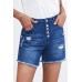 Blue Frayed Hem Single-breasted Ripped Denim Shorts Blue Frayed Hem Single-breasted Ripped Denim Shorts