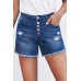 Blue Frayed Hem Single-breasted Ripped Denim Shorts Blue Frayed Hem Single-breasted Ripped Denim Shorts