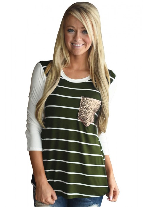 Green White Stripe Sequin Pocket Top Green White Stripe Sequin Pocket Top