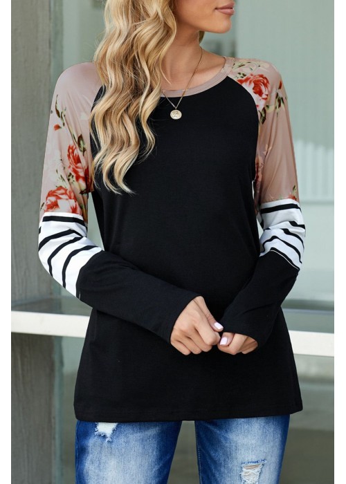 Black Striped Floral Long Sleeve Top Black Striped Floral Long Sleeve Top