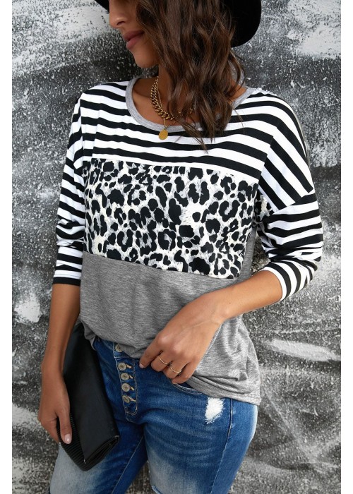 Striped Leopard Block Splicing Long Sleeve Top Striped Leopard Block Splicing Long Sleeve Top