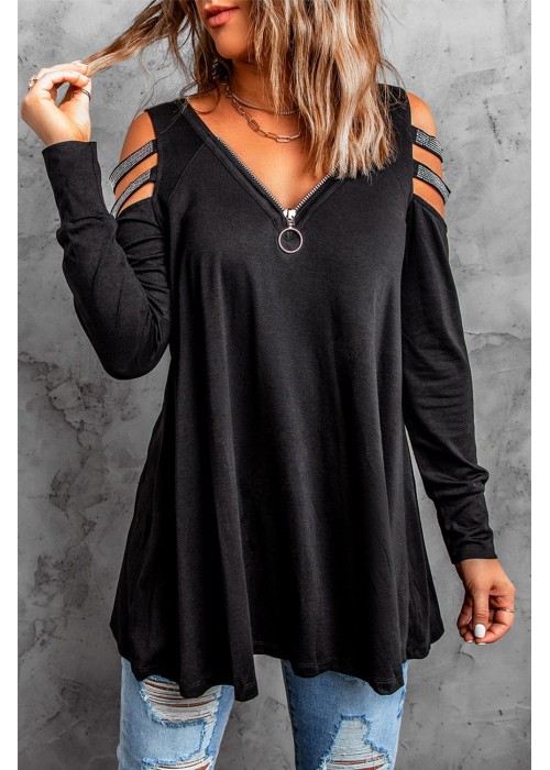 Solid Sequins Cold Shoulder Long Sleeve Top Solid Sequins Cold Shoulder Long Sleeve Top