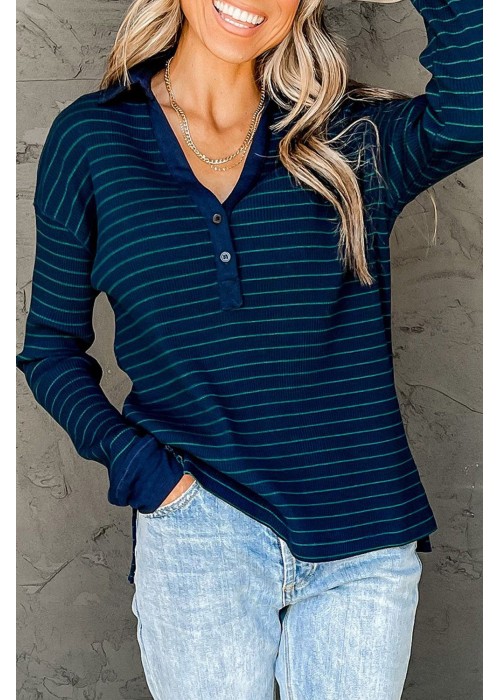 Navy Striped Ribbed Knit Polo Top Navy Striped Ribbed Knit Polo Top