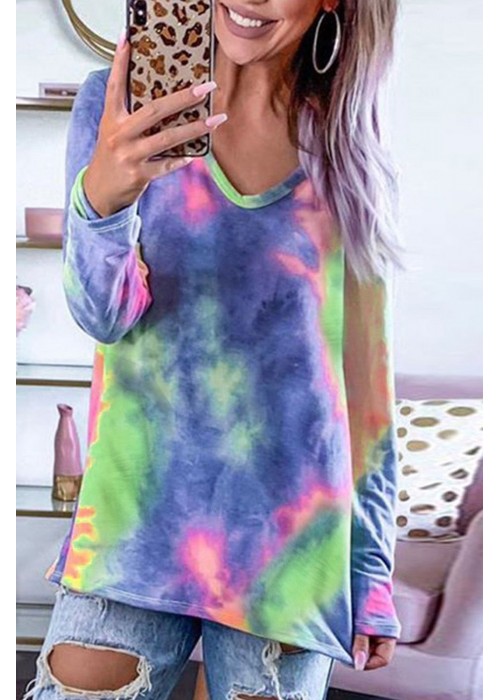 Blue Tie-dye V Neck Long Sleeves Top Blue Tie-dye V Neck Long Sleeves Top