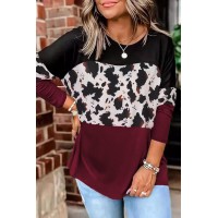Cow Print Color Block Long Sleeve Blouse