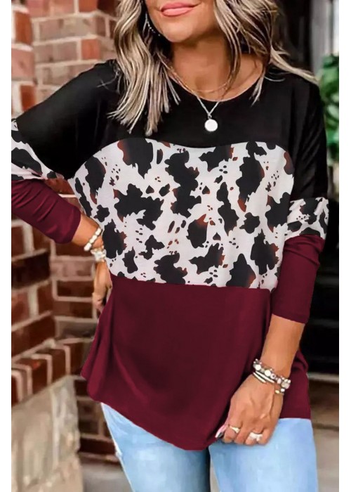 Cow Print Color Block Long Sleeve Blouse Cow Print Color Block Long Sleeve Blouse