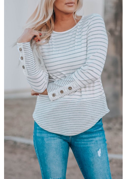 Striped Lace Buttons Splicing Long Sleeve Top Striped Lace Buttons Splicing Long Sleeve Top