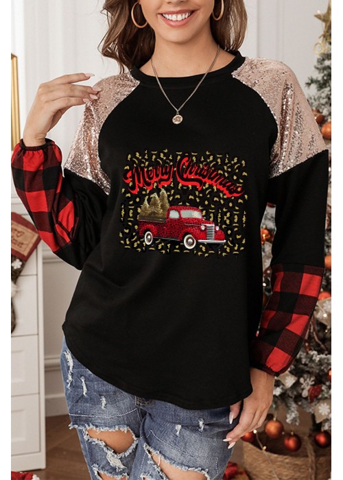 Plaid Sequin Splicing Christmas Leopard Graphic Print Top Plaid Sequin Splicing Christmas Leopard Graphic Print Top