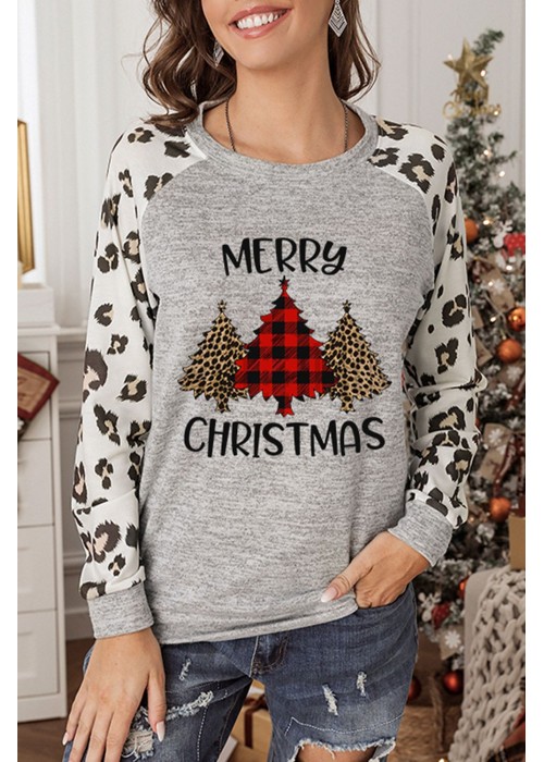 Christmas Plaid Leopard Letter Print Long Sleeve Top Christmas Plaid Leopard Letter Print Long Sleeve Top