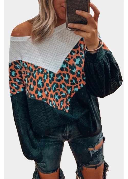 Black Colorblock Leopard Patchwork Knit Top Black Colorblock Leopard Patchwork Knit Top