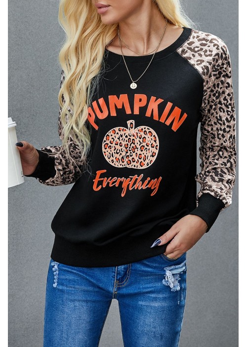 Halloween Leopard Pumpkin Print Long Sleeve Crew Neck Top Halloween Leopard Pumpkin Print Long Sleeve Crew Neck Top