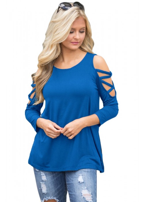 Royal Blue Crisscross Cold Shoulder Quarter Sleeve Blouse Royal Blue Crisscross Cold Shoulder Quarter Sleeve Blouse