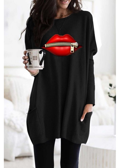 Black Oversize Zipped Red Lips Long Sleeve Top with Pockets Black Oversize Zipped Red Lips Long Sleeve Top with Pockets