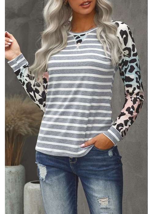 Gray Ombre Leopard Print Stripe Splice Long Sleeve Top Gray Ombre Leopard Print Stripe Splice Long Sleeve Top