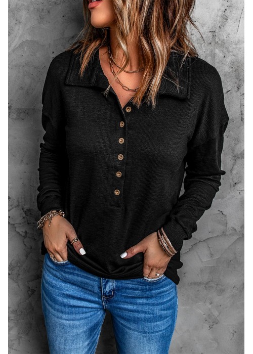 Black Button Front Turn-down Neck Knit Top Black Button Front Turn-down Neck Knit Top