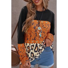 Black Leopard Tribal Print Splicing Long Sleeve Top