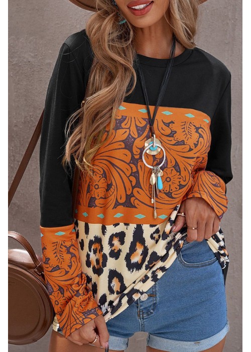 Black Leopard Tribal Print Splicing Long Sleeve Top Black Leopard Tribal Print Splicing Long Sleeve Top