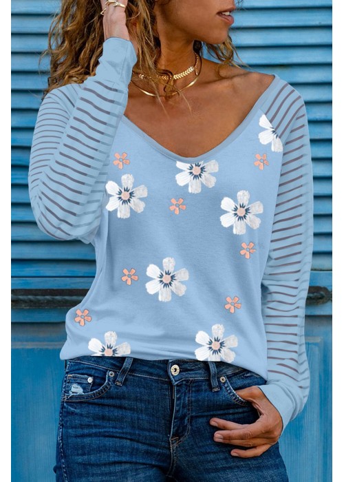 Sky Blue Daisy Print Mesh Patchwork Long Sleeve Top Sky Blue Daisy Print Mesh Patchwork Long Sleeve Top