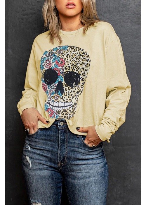 Antique Leopard Flower Skull Halloween Graphic Top Antique Leopard Flower Skull Halloween Graphic Top
