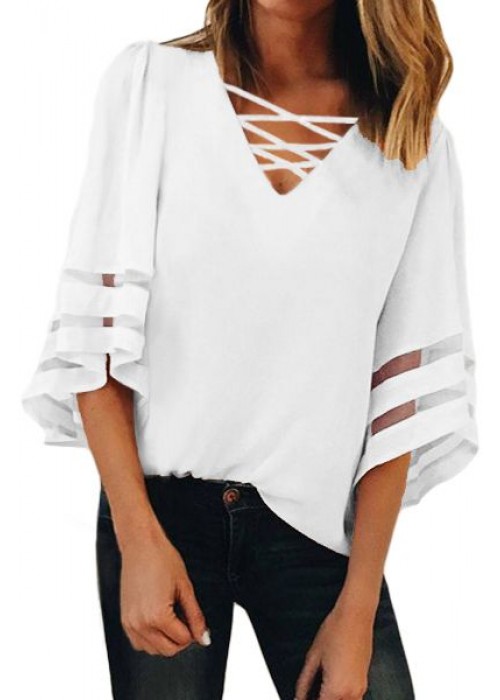 White Criss Cross Neck 3/4 Bell Sleeve Blouse White Criss Cross Neck 3/4 Bell Sleeve Blouse