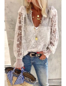 V Neckline Sequin Shoulder Long Sleeve Lace Top