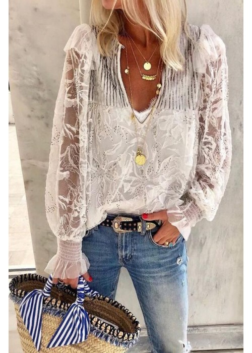 V Neckline Sequin Shoulder Long Sleeve Lace Top V Neckline Sequin Shoulder Long Sleeve Lace Top