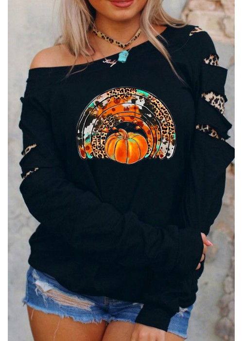 Ripped Sleeve Leopard Tie-dye Pumpkin Graphic Top Ripped Sleeve Leopard Tie-dye Pumpkin Graphic Top